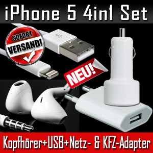 iPhone5 Set 4 in 1 Kopfhörer USB Kabel Netzteil KFZ Ladegerät